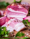 Bacon. Smoked bacon parsley herb salt pepper and garlic.Stll life studio shot Royalty Free Stock Photo