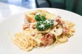 bacon spaghetti, spaghetti carbonara or pasta or pasta carbonara and bread Royalty Free Stock Photo