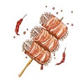 bacon-wrapped mushroom vector isolated with a clipping path. Mala Chinese BBQ Menu.