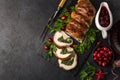 Bacon wrapped turkey breast stuffed with spinach and cheese for Christmas dinner Royalty Free Stock Photo