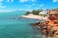 Bacone Cove in Ampolla touristic village near Tarragona, Catalonia. Beach tourism in Mediterranean side of Spain