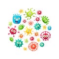 Bacteria Banner Template with Cute Colorful Microorganisms Pattern in Circular Shape, Probiotics, Medicine or Dietary