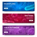 Bacteria banners. Viruses, 3d microscopic infection bacterium cells, flu germ. Microbiology vector concept