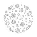 Bacteria concept Science round outline banner with microbes signs - vector illustration