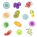 Bacteria and germs colorful set, micro-organisms disease-causing objects, different types, bacteria, viruses, fungi, protozoa.