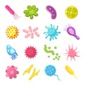 Bacteria and germs colorful set micro-organisms disease-causing objects, bacteria, viruses, fungi. Vector isolated cartoon