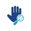 Bacteria, Germs, Microbes and Bacilli on Dirty Hand Palm Silhouette Icon. Magnifier and Human Hand with Virus and Royalty Free Stock Photo