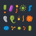 Bacteria Icon Set. Cartoon Style. Vector
