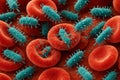 Bacteria invading blood cells close-up: visualizing microorganisms and red blood cells interaction in scientific study, concept of Royalty Free Stock Photo