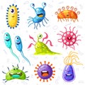 Bacteria, microbes, cute germs and viruses isolated cartoon characters with funny faces set.Smiling pathogen microbe monsters, Royalty Free Stock Photo