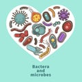 Bacteria and microbes heart poster for medical bacteriology or hospital vector flat design Royalty Free Stock Photo