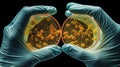 Bacteria petri dishes holding lab gloves ai generated biotechnology close-up image