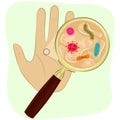 Bacteria and virus cells on human palm under magnifying glass Royalty Free Stock Photo