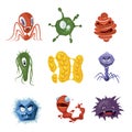 Bacteria virus germs cartoon vector characters, flu and aids microbes