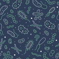 Bacteria, virus, microbe dark seamless pattern. Vector background included line icons as microorganism, germ, mold, cell Royalty Free Stock Photo