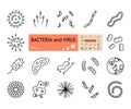 Bacteria, virus, microbe set icons with an editable stroke. A collection of 17 biological microorganisms. Flat vector illustration