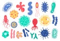 Bacteria and virus. Microscopic microorganism germs, infection cells and microbes, dangerous pathogenic virus, disease