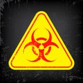 Bacteriological hazard red sign on yellow triangle. Bio Toxic rubber sign. Concept of Bacteriological hazard on gray grunge back