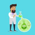 Bacteriologist with Bacteria in Glass Flask Vector