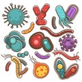 Bacterium and bacteria or viruses and bacterial microorganisms parasites vector icons