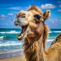 Bactrian Camel laughs ocean Royalty Free Stock Photo