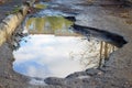 The bad asphalted road with a big pothole. Royalty Free Stock Photo