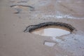 The bad asphalted road with a big pothole filled with water. Dangerous destroyed roadbed.