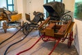 Bad Bentheim, Germany - June 9, 2019. Old, antique horse carriages, parked in the castle garage.