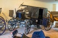 Bad Bentheim, Germany - June 9, 2019. Old, antique horse carriages, parked in the castle garage.