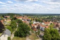 Bad Bentheim, Germany June 2019. Panorama of the old town with many buildings with a red roof on a background of the blue sky with