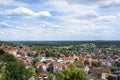 Bad Bentheim, Germany June 2019. Panorama of the old town with many buildings with a red roof on a background of the blue sky with