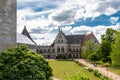 Bad Bentheim, Germany - June 9, 2019. View to the manor of the historical castle Bentheim, visible walking tourists. Largest castl