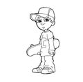 Bad boy holding a skateboard line art illustration cartoon illustration with a white background