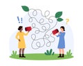 Bad business communication, misunderstanding barrier of tiny people with tangled phone