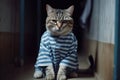 Cat in prisoner costume in prison cage. Generative AI