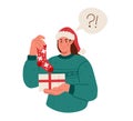 Bad christmas present,disappointed woman with bad gift in hand.Flat illustration Royalty Free Stock Photo