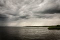 Bad dark weather with clouds and rain on a lake