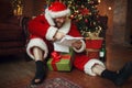 Bad drunk Santa claus reads letters, nasty man