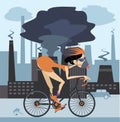 Cycling woman in the protective mask on industrial factory background