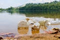 Bad environmental habit of improper disposal of non-biodegradable PVC cups and bottles in a lake. Selective focus.