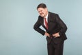 Bad feelings concept. Businessman have stomach pain Royalty Free Stock Photo