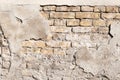 Bad foundation base on old house or building cracked plaster facade wall with brick background Royalty Free Stock Photo