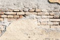 Bad foundation base on old house or building cracked plaster facade wall with brick background Royalty Free Stock Photo