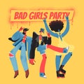 Bad girls party vector illustration with funny characters in rock and roll outfit. Cartoon women dance and have fun