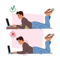 Bad and Good Body Poses while Working with Laptop. In The Wrong Posture, Man Slouches, Straining The Back Royalty Free Stock Photo