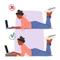 Bad and Good Body Poses while Working with Laptop. In The Wrong Posture, Woman Slouches, Straining The Back Royalty Free Stock Photo