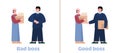 Bad and good boss - interaction worker and businessman a vector illustration.