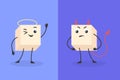 Bad and good cartoon sugar. Smile lump sugars cube character, candy devil vs angel concept healthy unhealthy food, happy