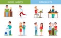 Bad and Good Habits Poster Set Vector Illustration