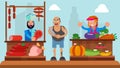 Bad guy concept, man thug at market, vector illustration. Cartoon pickpocket character in crime near fruits. Pilferer Royalty Free Stock Photo